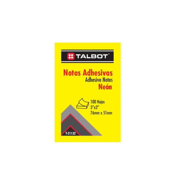 Notas Adhesivas, Amarillo Neon, 3" x 2" (76 mm x 51 mm), Block x 100 h.